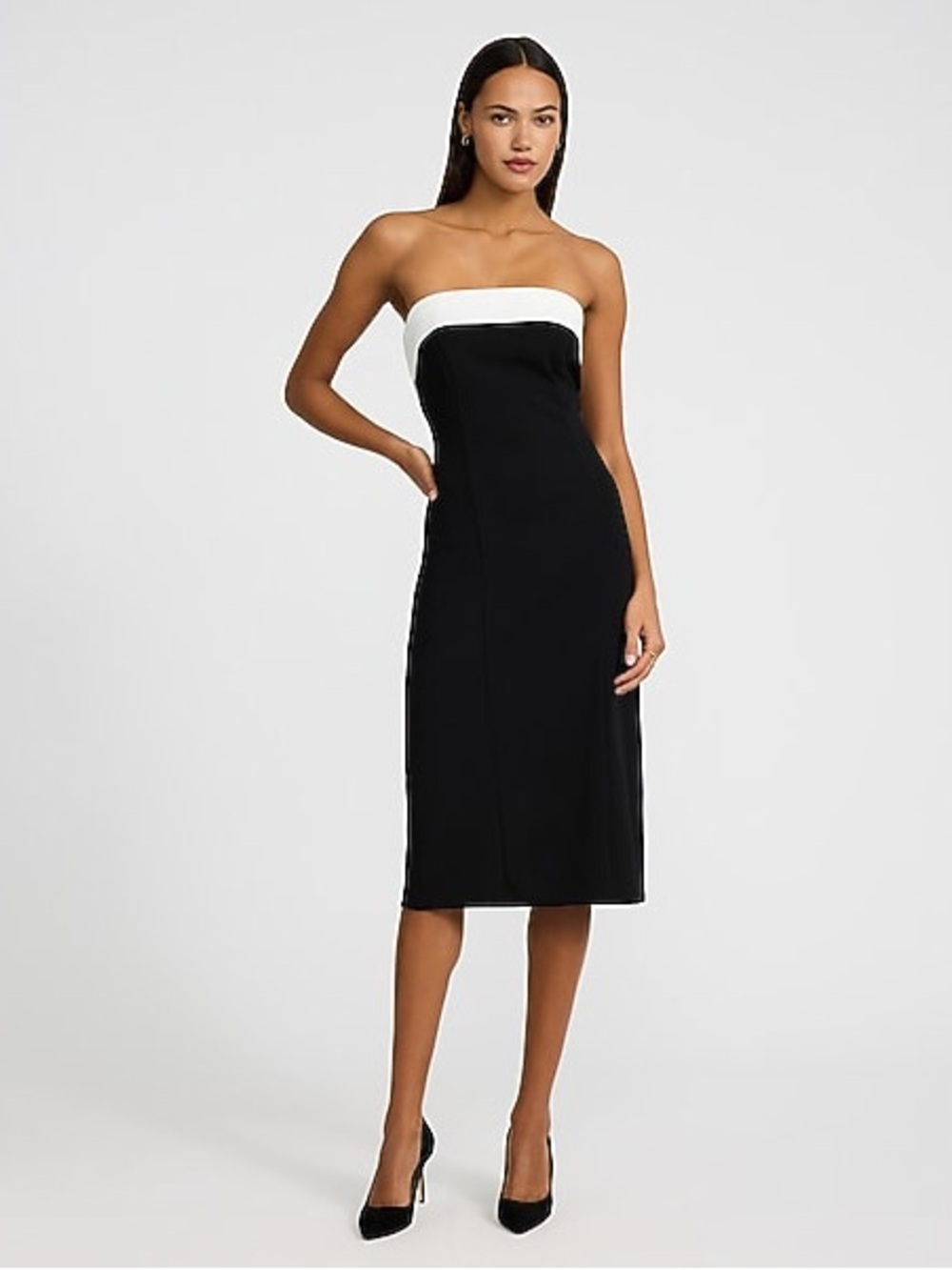 NWT Express Strapless Color block Fold over Black and White Midi Sheath Dress, L
